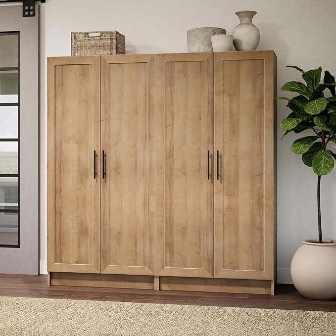 Prepac Natural Oak Elite 65" Tall Accent Kitchen Pantry Cabinet, Craft or Bathroom Storage Cabinet, Buffet Storage with Panel Doors, 3 Shelves, 32" W x 16.75" D x 65" H, Ideal for Home Organization