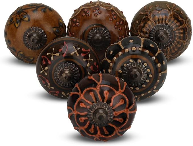 Dresser Knobs for Cabinets and Drawers Assorted, Dusty Ceramic Knob & Pull Handle for Kitchen Brown Cupboard Wardrobe Decorative Furniture Knobs - Pack of 12, (Dark Brown)