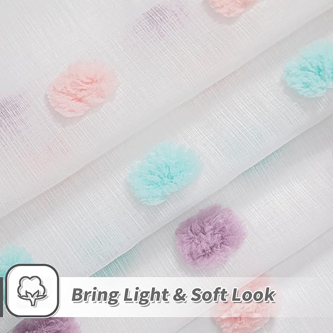 MYSKY HOME Living Room Curtains for Window Rainbow Pom Pom Curtains 120 Inch Length Long for Bedroom Set of 2 Semi White Sheer Curtains Parties Farmhouse Rod Pocket Boho Backdrops 37" x 120"