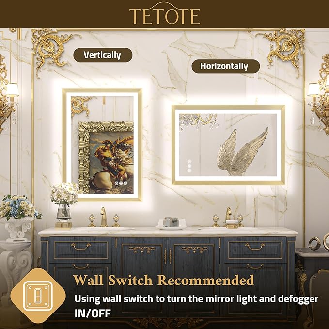 TETOTE Gold LED Bathroom Mirror with Lights 40x32 Front & Back Light Vanity Framed Mirror Baroque Anti Fog Dimmable White/Warm/Natural,CRI90+,Waterproof,Wall Mounted(Horizontal/Vertical)