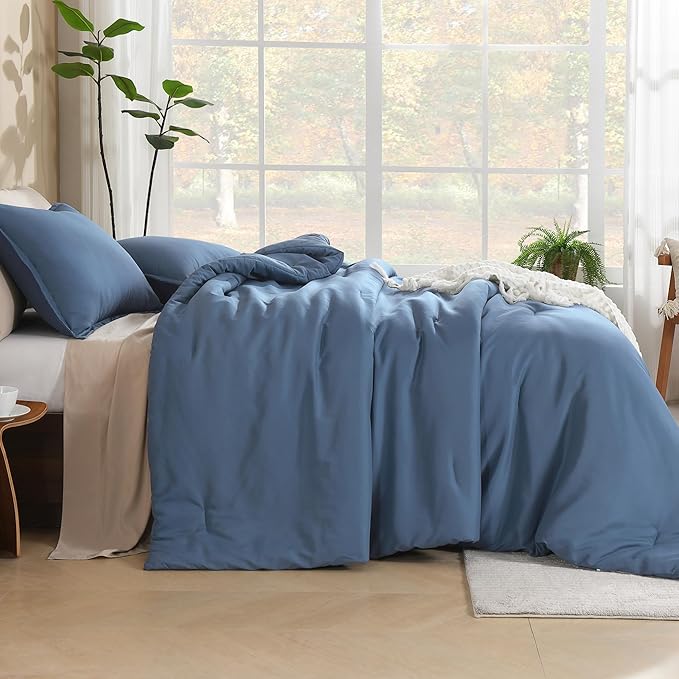 Litanika Haze Blue Comforter Set Queen Size, 3 Pieces Lightweight Solid Bedding Comforter Set, All Season Fluffy Bed Set (90x90In Comforter & 2 Pillowcases)