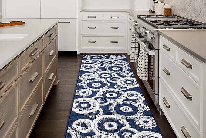 Custom Length Cut to Size Retro Modern Coastal Carpet Runner Rug for Hallways, Non Slip Rubber Backed, 31 inch Wide X Customized Length, Geo Blue, 31 inch X 7 feet