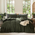 MooMee Bedding Duvet Cover Set 100% Washed Cotton Linen Like Textured Breathable Durable Soft Comfy (Solid Olive Green, Full 80"x90")