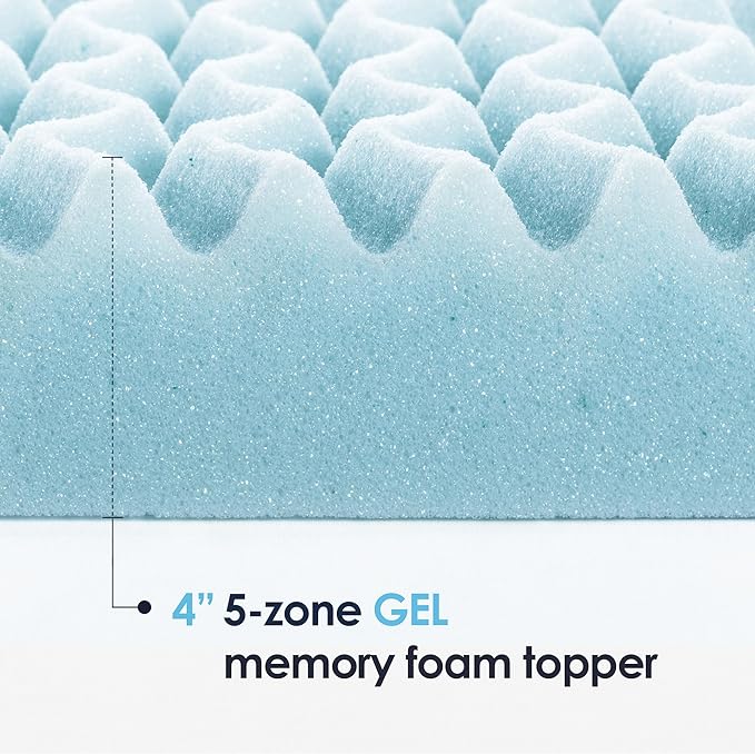 Mellow 4 Inch 5-Zone Memory Foam Mattress Topper, Cooling Gel Infusion, Dorm Essentials, Twin XL Blue
