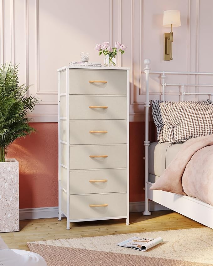 Crestlive Products Tall Dresser for Closet, Vertical Storage Tower - Sturdy Steel Frame, Wood Top, Easy Pull Fabric Bins Handles - Organizer Unit for Bedroom, Hallway, Entryway - 6 Drawers (Beige)