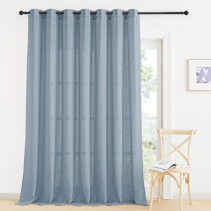 RYB HOME Flax Linen Curtains for Bedroom Bathroom Kids Room, Semi Sheer Light Filtering Privacy Assured Elegant Vertical Texture Modern Window Drapes, W 60 x L 95 inches, Dusty Blue, 1 Panel