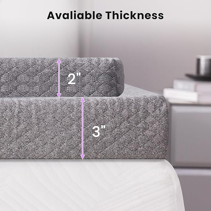 SINWEEK 2 Inch Gel Memory Foam Mattress Topper Twin Size, Ventilated High Density Pad for Back Pain, Bed Topper with Removable Soft Cover, CertiPUR-US Certified,Grey