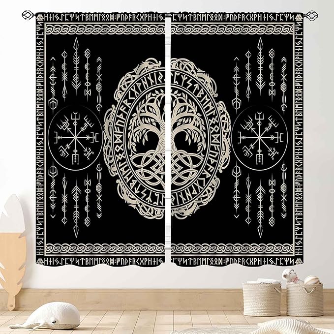 Viking Curtains, Nordic Tree of Life Celtic Rune Scandinavian Gothic Norse Mythology Aesthetic Retro Drapery for Bedroom Living Room Bathroom Window 2 Panel Set, 52"x84" Inch