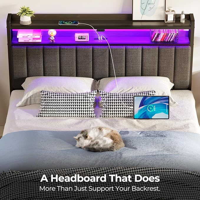 Rolanstar Headboard for Full Size Bed with Storage, 60,000 DIY Color of LED Light, Head Board with USB & Type C Port, Height Adjustable, Black Upholstered Cabeceras de Cama Comfortable Modern, Stable