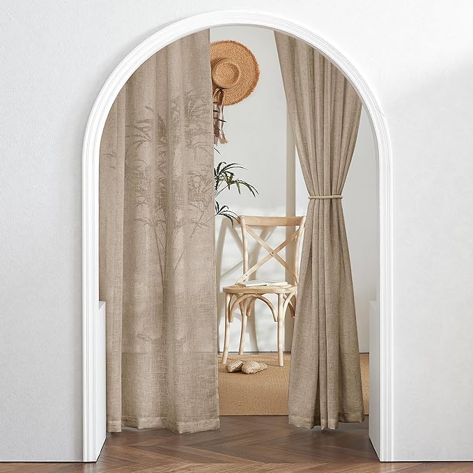 RYB HOME Linen Curtains for Windows - Airy Semi Sheer for Bathroom Kids Room Doorway, Privacy Assured Home Decor Elegant Shabby Chic, 52 inch Width x 102 inch Length, Khaki, 2 Panels Set