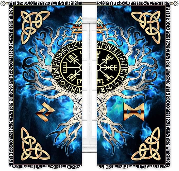 Tree of Life Curtains, Vikings Celtic Nordic Life Tree Scandinavian Aesthetic Mythology Blue Window Drapery Treatments for Bedroom Living Room Bathroom 2 Panels, 42"x54" Inch