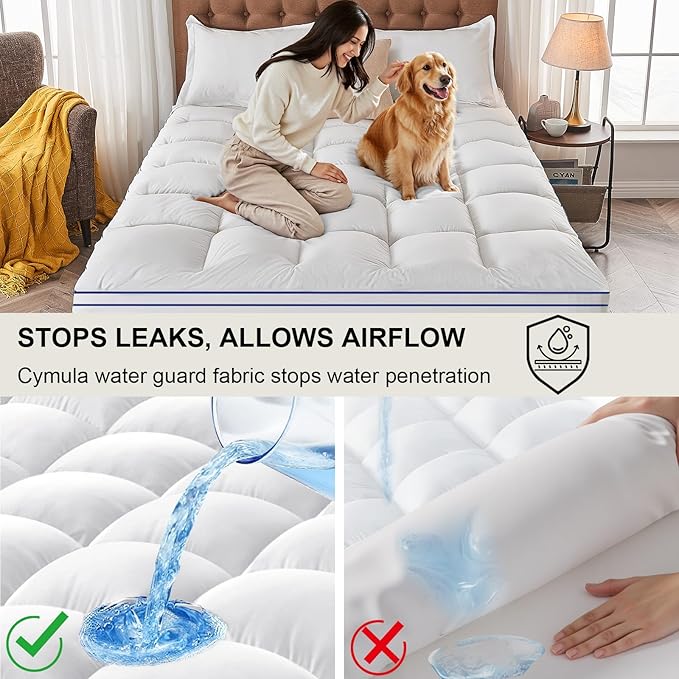 CYMULA Twin Mattress Topper Waterproof, Cooling Mattress Pad Cover, Extra Thick Pillow Top Mattress Topper with 8-21 Inch Elasticated Deep Pockets, Plush Down Alternative Fill Mattress Protector
