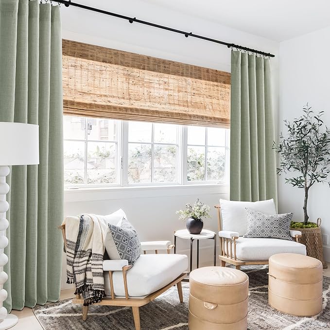 RYB HOME Linen Sheer Curtains and Drapes for Living Room and Dining Room 72 inches Length, Breathable Back Tab/Rod Pocket Semi Sheer Curtains, Sage Green, W 52 x L 72 inches, 2 Panels Set