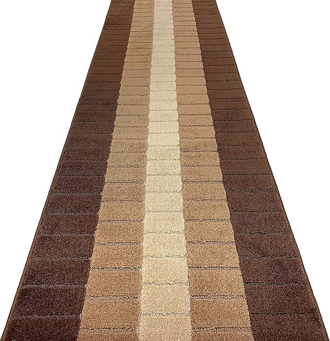 Custom Size Modern Geometric Pattern Carpet Runner Rug for Hallways, Slip Resistant Latex Rubber Backed, 31 inch Wide X Customized Length, Squares Brown, 31 inch X 9 feet