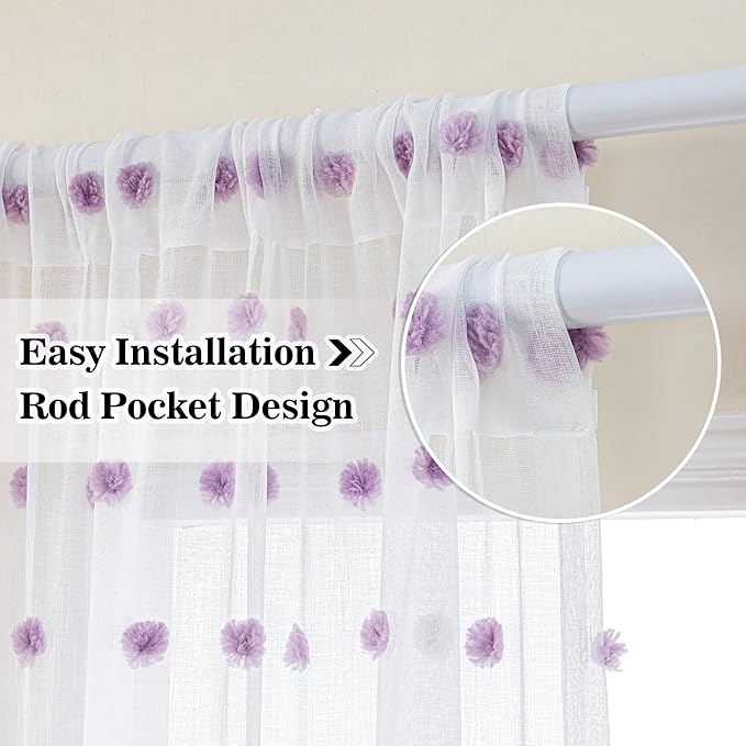 MYSKY HOME Short Curtains for Girls Bedroom Purple Pom Pom White Semi Sheer Curtains Kitchen Bathroom 54 Inches Long Curtains Nursery Boys Kids Room Rod Pocket 2 Panels Small Window 52" x 54"