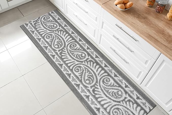 Custom Length Cut to Size Tribal Ethnic Southwestern Inspired Hallway Runner Rug, Non Slip Rubber Backed, 31 inch Wide X Customized Length, Mayan Grey, 31 inch X 17 feet