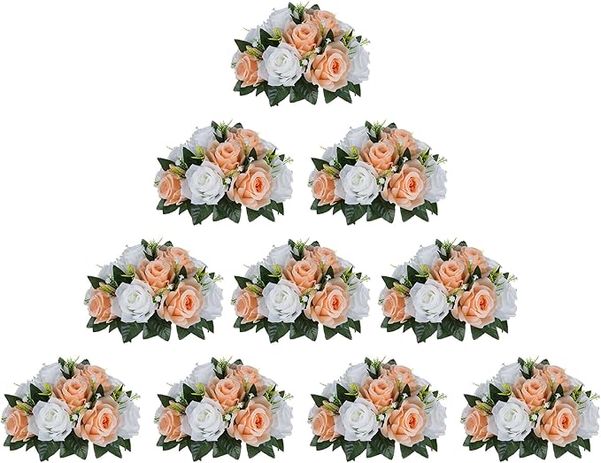 BLOSMON Flower Balls for Wedding Centerpieces: 10pcs Peach Fuzz 9.5 Inch Fake Rose Kissing Ball Decor Artificial Floral Arrangements Silk Bouquet with Base Home Party Room Table DIY Decorations