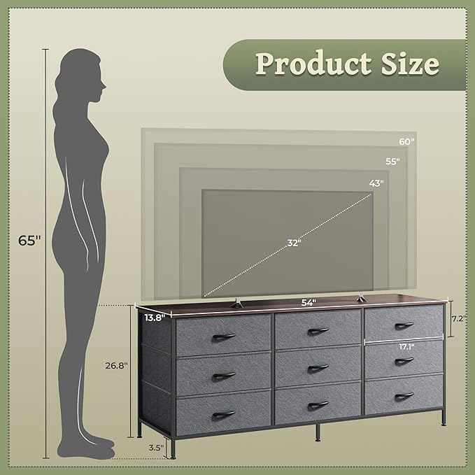 Huuger Long Dresser for Bedroom, 55 Inch TV Stand for 55, 60 Inch TV, Entertainment Center with Drawers, Large Storage 9 Fabric Drawers Dresser, Closet, Dark Grey