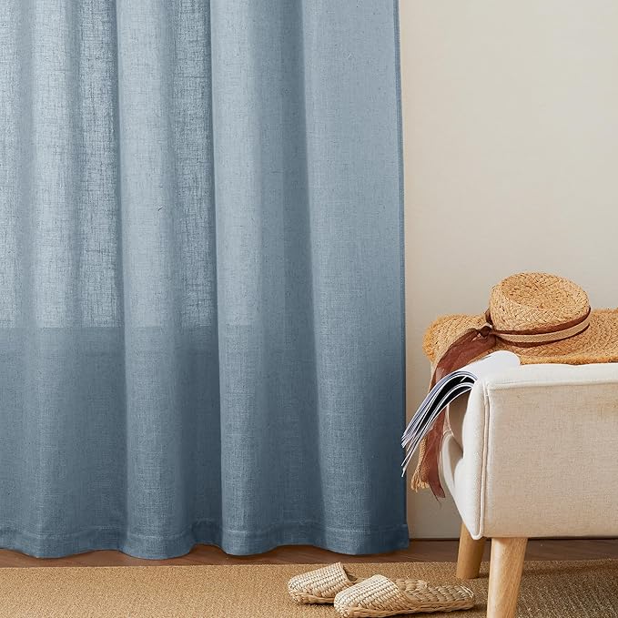 RYB HOME Flax Linen Blend Curtains for Closet Kitchen, Semi Translucent Privacy Protection Light Filtering Decorative Short Small Window Drapes for Bedroom, W 52 x L 36 inches, Dusty Blue, 2 Panels