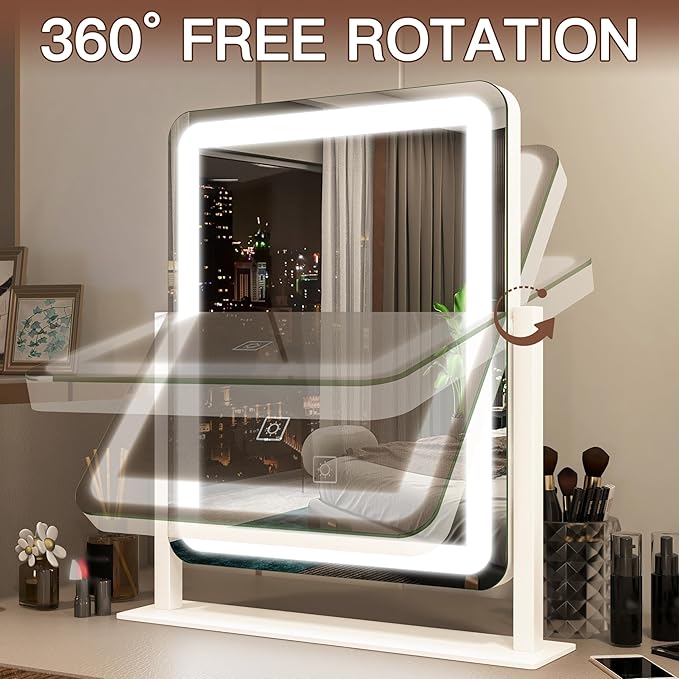 FENNIO Vanity Mirror with Lights - 15"x12.6" LED Lighted Makeup Mirror, Large Makeup Mirror with Lights, Touch Screen with 3-Color Lighting, Dimmable, for Vanity Desk Tabletop, Bedroom