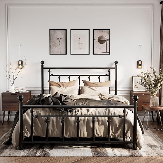 SHA CERLIN 14'' Full Size Metal Platform Bed Frame/Victorian Headboard and Footboard/Steel Slats Mattress Foundation for Storage/No Box Spring Needed/Noise Free/Black