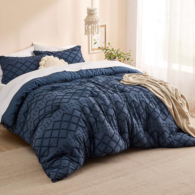 Bedsure California King Comforter Set - Navy Blue Comforter, Boho Tufted Shabby Chic Bedding for Kids, 3 Pieces Vintage Farmhouse Bed Set for All Seasons, Fluffy Soft Bedding with 2 Pillow Shams