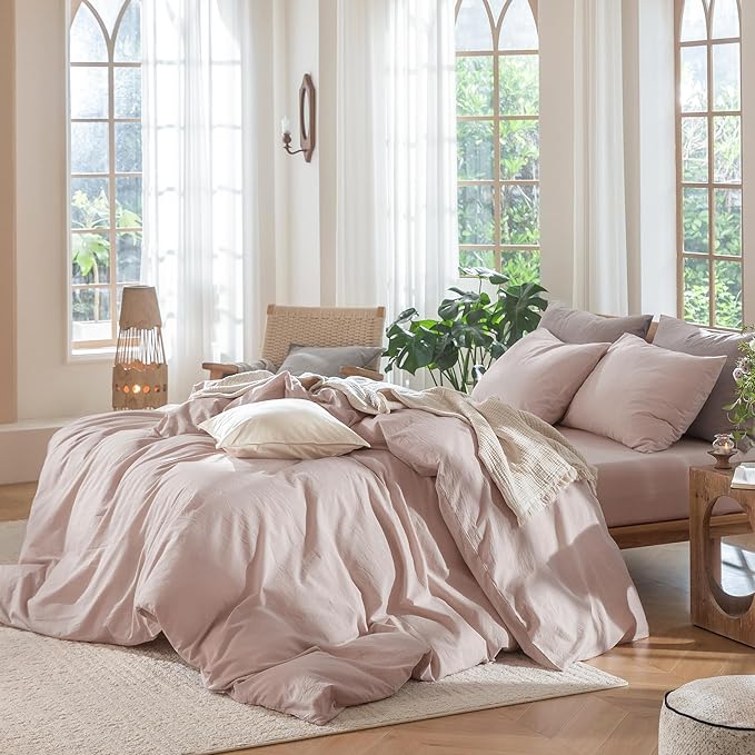 MooMee Bedding Duvet Cover Set 100% Washed Cotton Linen Like Textured Breathable Durable Soft Comfy (Heathered Greyish Pink, Full 80"x90")
