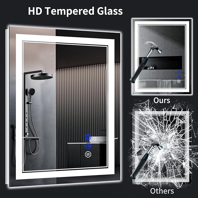 38"x26" LED Bathroom Mirror with Anti-Fog, Stepless Dimmable Lights, 3 Color Modes, Shatter-Proof Tempered Glass, Memory Function & Waterproof Design