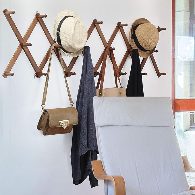 WEBI Accordion Wall Hanger,Expandable Wooden Hat Rack for Wall Mounted Coat Rack,Accordion Hat Hooks Holder for Baseball Caps,17 Peg,Walnut Color