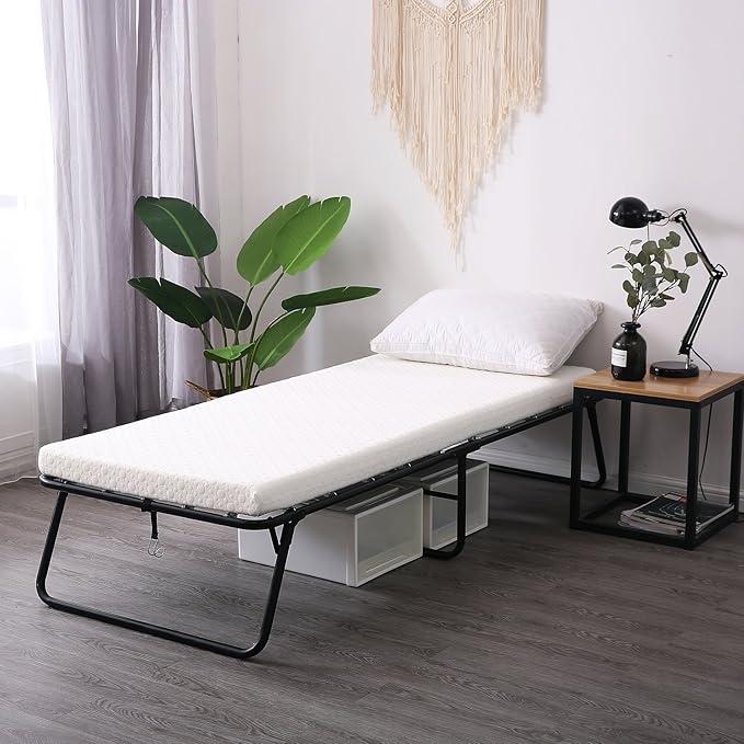 LEISUIT Foldaway Guest Bed Cot - Portable Folding Bed Frame with Thick Memory Foam Mattress for Spare Bedroom & Office
