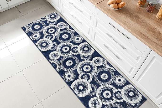 Custom Length Cut to Size Retro Modern Coastal Carpet Runner Rug for Hallways, Non Slip Rubber Backed, 31 inch Wide X Customized Length, Geo Blue, 31 inch X 7 feet