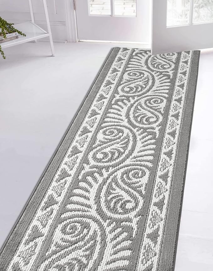 Custom Length Cut to Size Tribal Ethnic Southwestern Inspired Hallway Runner Rug, Non Slip Rubber Backed, 31 inch Wide X Customized Length, Mayan Grey, 31 inch X 17 feet