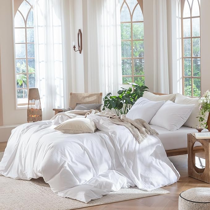 MooMee Bedding Duvet Cover Set 100% Washed Cotton Linen Like Textured Breathable Durable Soft Comfy (Solid Bright White, Oversized Full 82"x86")