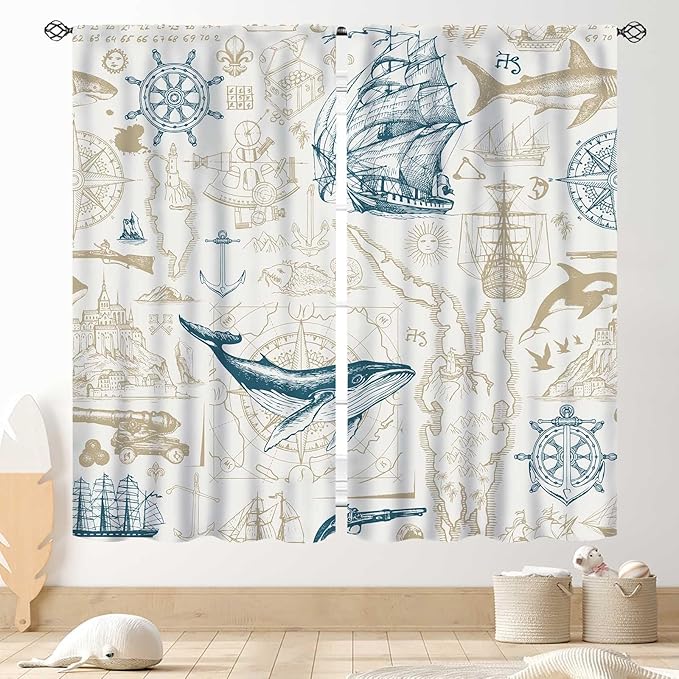 Vintage Nautical Curtains, Marine Coastal Sailboat Compass Anchor Ocean Beach Whale Old Pirate Map Decorative Drapes for Bedroom Living Room Kitchen Bathroom Window 2 Panels Set, 55"x63" Inch