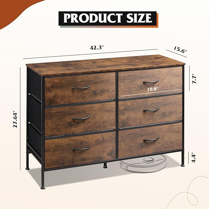 WLIVE Dresser for Bedroom with 6 Drawers, Wide Fabric Dresser TV Stand for 50 Inches TV, with Metal Frame, Wooden Top, Fabric Storage Dressers for Bedroom, Hallway, Entryway, Rustic Brown