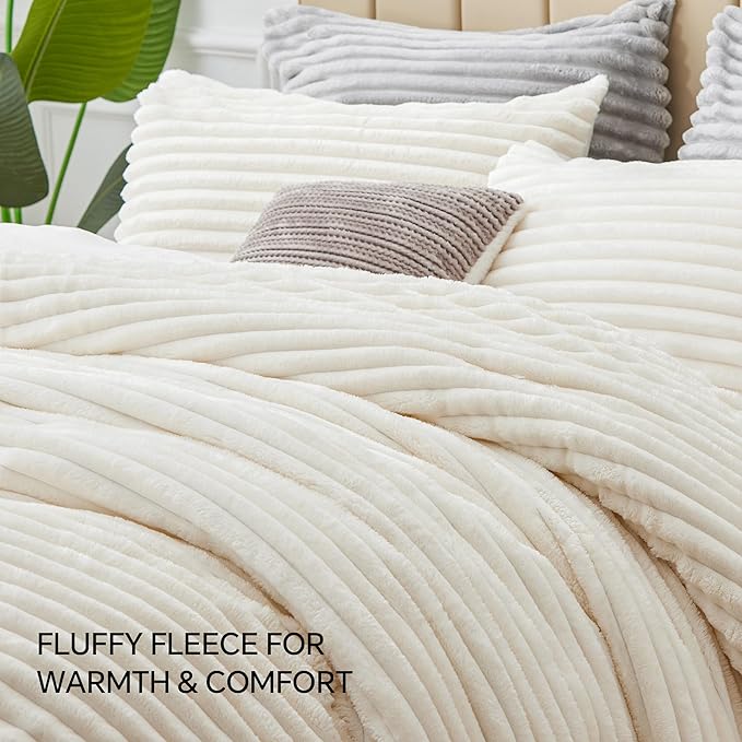 BEDELITE Fleece Queen Comforter Set -Super Soft & Warm Fluffy Cream White Bedding, Luxury Fuzzy Heavy Bed Set for Winter with 2 Pillow Cases