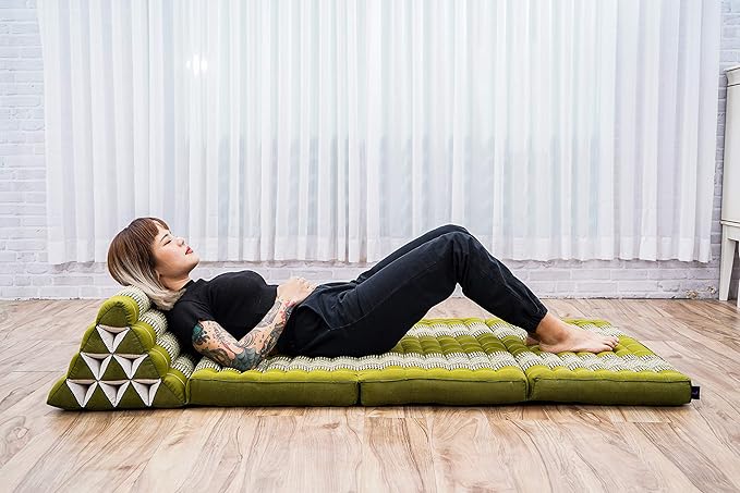 Leewadee Comfortable Japanese Floor Mattress - Thai Floor Bed with Triangle Cushion - Futon Mattress - XL Extra Wide Thai Massage Mat, 67 x 31 inches, Green, Kapok Filling