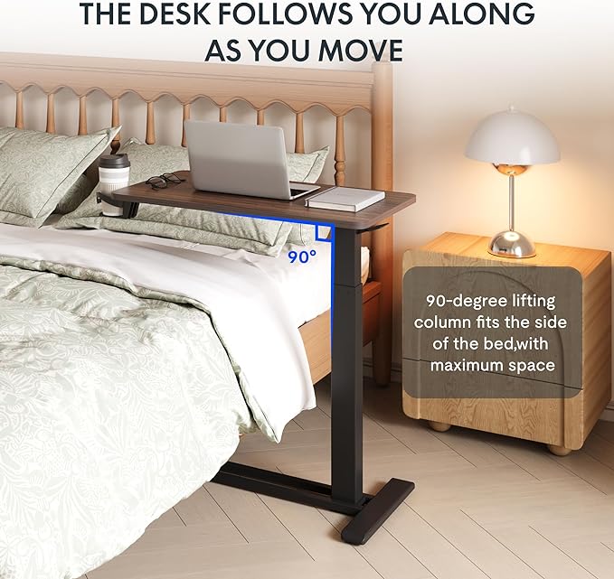 FLEXISPOT Medical Adjustable Overbed Bedside Table with Wheels Pneumatic Mobile Standing Desk Laptop Desk Rolling Computer Cart Movable Table Hospital Home Use(31.5" W x 17.7" D, Mahogany Large)