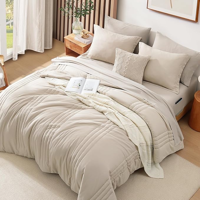 Monbix Twin XL Size Comforter Set - Extra Long 5 Pieces Dorm Bedding Sets, Quilting Design Fluffy Bed in a Bag Twin XL with Sheets, Pillowcase & Sham(Apricot Beige)