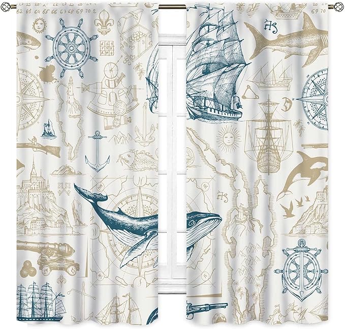 Vintage Nautical Curtains, Marine Coastal Sailboat Compass Anchor Ocean Beach Whale Old Pirate Map Decorative Drapes for Bedroom Living Room Kitchen Bathroom Window 2 Panels Set, 55"x63" Inch