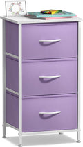 Sorbus Nightstand with 3 Drawers - Bedside Furniture & Accent End Table Chest for Home, Bedroom Accessories, Office, College Dorm, Steel Frame, Wood Top, Pastel Fabric Bins (Purple)