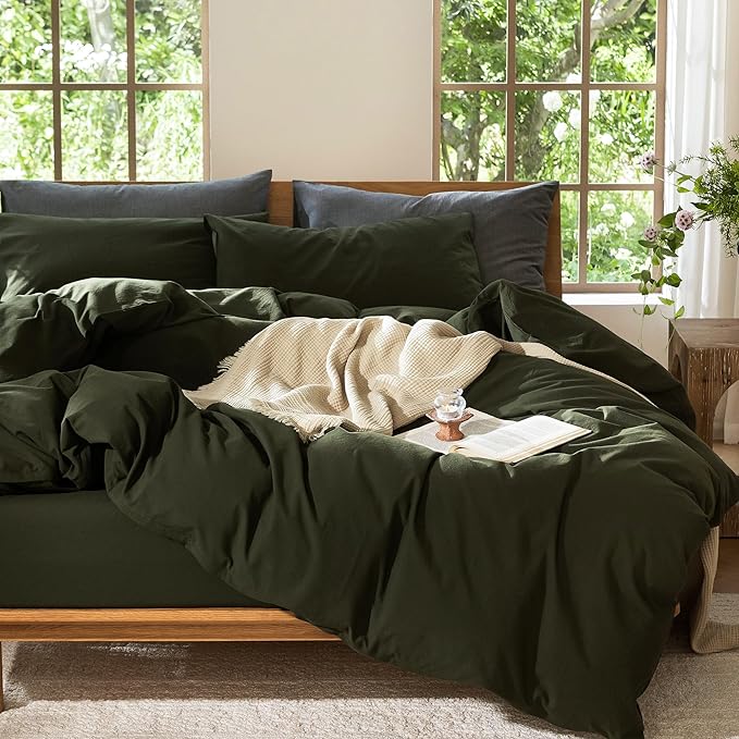 MooMee Bedding Duvet Cover Set 100% Washed Cotton Linen Like Textured Breathable Durable Soft Comfy (Solid Olive Green, Oversized Full 82"x86")