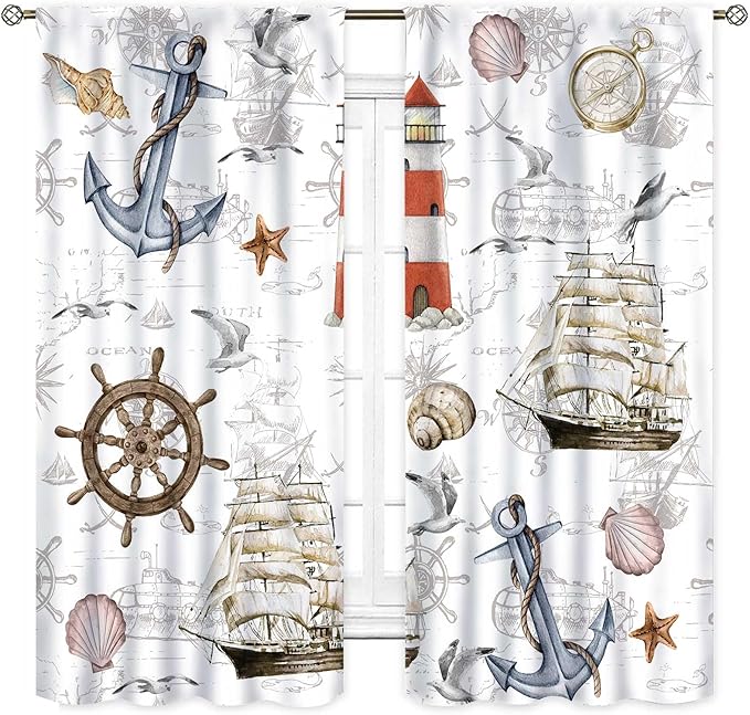 Nautical Kitchen Curtains, Vintage Marine Coastal Sailboat Compass Anchor Ocean Beach Lighthouse Watercolor Decorative Drapes for Bedroom Living Room Kitchen Bathroom Window 2 Panels Set, 63"x72" Inch