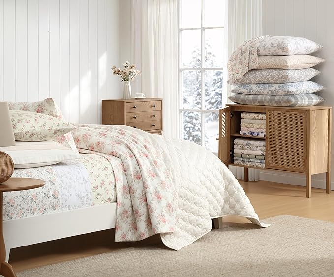 Laura Ashley - Flannel Sheets Twin Size, Anti-Pilling & Wrinkle Resistant Cotton, Touchably Soft for All-Season Comfort - Bed Sheets with Matching Pillowcase & Fitted Sheet (Le Fleur Pink)