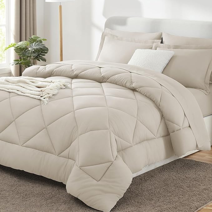 CozyLux King Size Comforter Set Beige - 7 Pieces Bed in a Bag King, Luxury Soft Bed Set for All Seasons, Bedding Set with Down Alternative Comforter, Sheets, Pillowcases & Shams