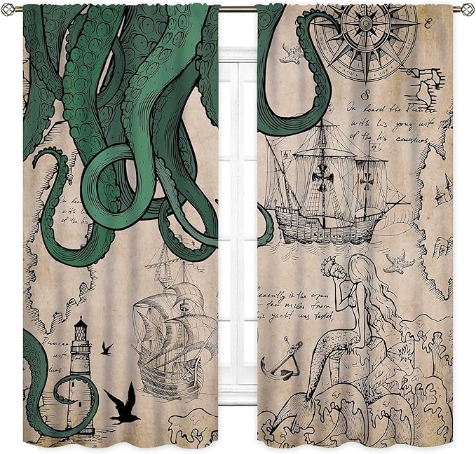 Nautical Octopus Curtains, Coastal Old Pirate Map Sailboat Compass Vintage Magic Ocean Kraken Octopus Tentacles Window Drapery Treatment for Bedroom Living Room Kitchen Bathroom 2 Panels, 63"x72" Inch