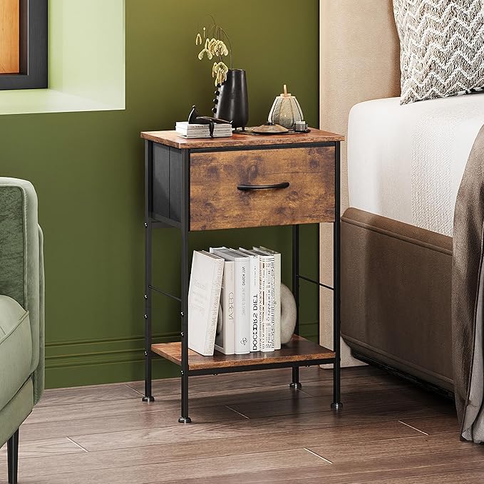 WLIVE Nightstand, Bedside Side Table for Bedroom, Dorm with Steel Frame, Night Stand End Table with Fabric Storage Drawer, Easy Assembly, Rustic Brown Wood Grain Print, 11.73''D 15.67''W 25.03" H