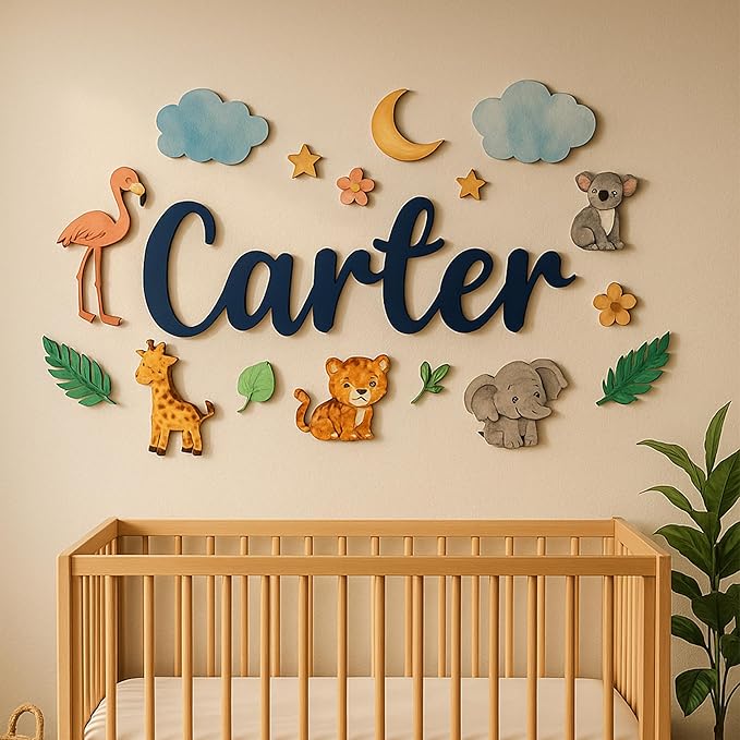 Custom Nursery Name Sign with Themed Decor Kit | Personalized Wooden Wall Art for Baby, Kids Room | Space, Jungle, Circus, Under The Sea, Woodland, Rainbow (50", Jungle/Safari)