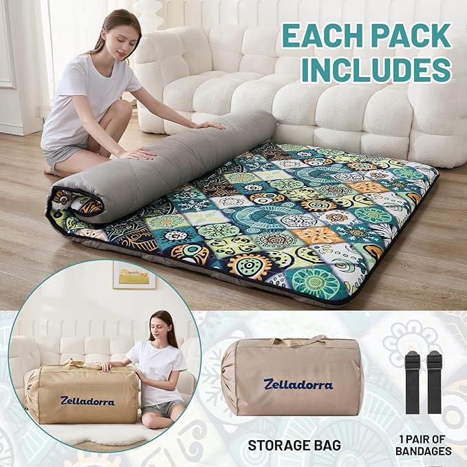 Japanese Floor Mattress Twin, Anti-Slip Japanese Futon Foldable Tatami Mat for Guests, Boho Green Checkered