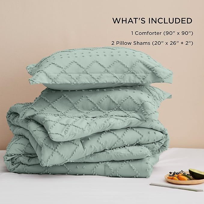 Bedsure Queen Comforter Set - Sage Green Comforter, Boho Tufted Shabby Chic Bedding for Kids, 3 Pieces Vintage Farmhouse Bed Set for All Seasons, Fluffy Soft Bedding with 2 Pillow Shams